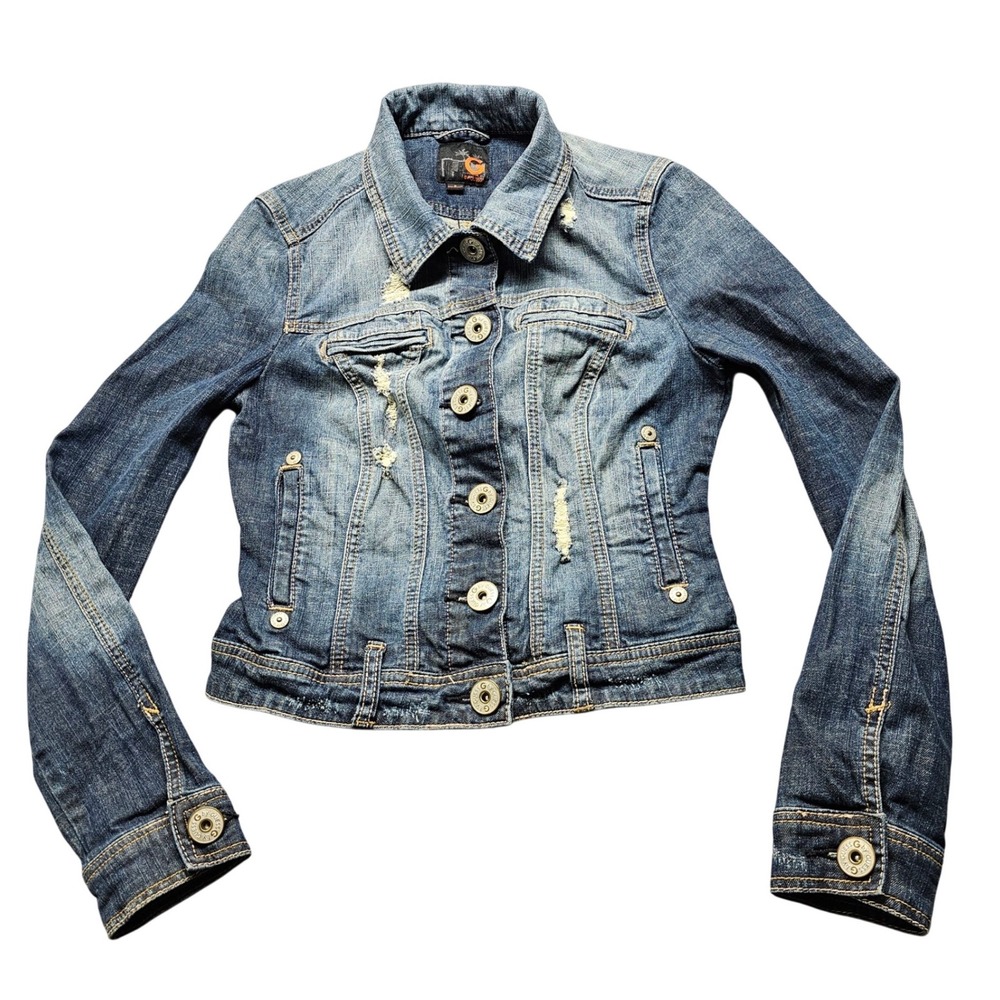 G by GUESS Cropped Denim Jacket Womens S Blue Distressed Stretch Trucker Y2K